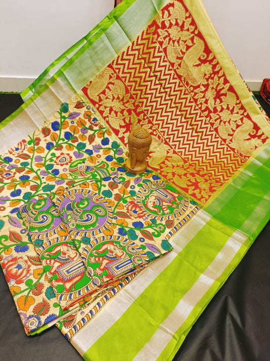 Beige with green Tripura Kalamkari printed saree