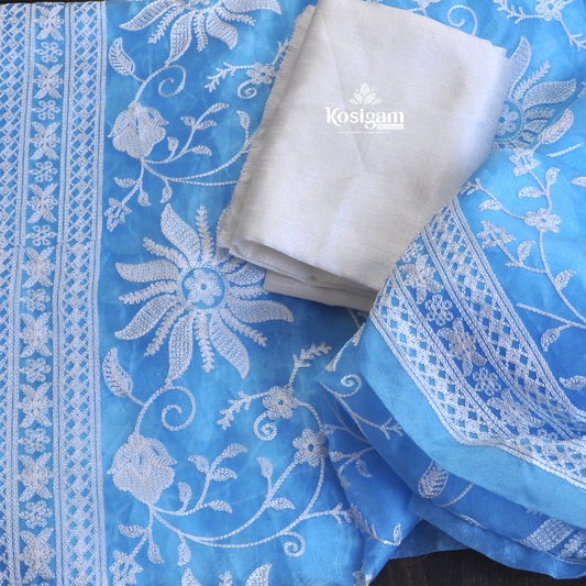 Sky blue organza saree with chikkankari floral work