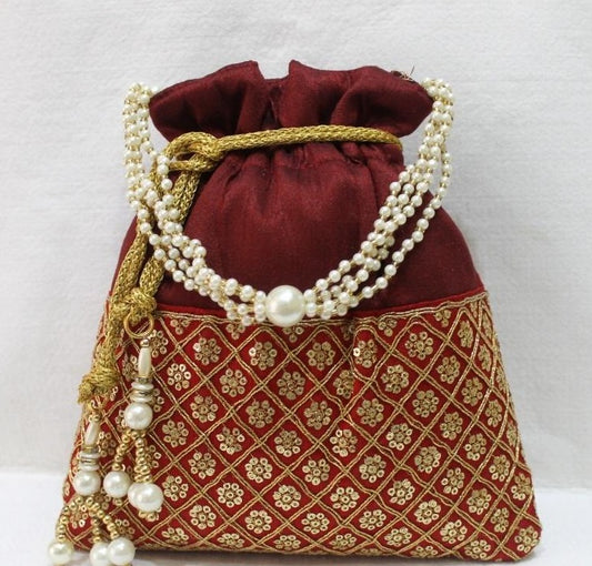 Burgundy and gold sequins work Potli with pearl beads