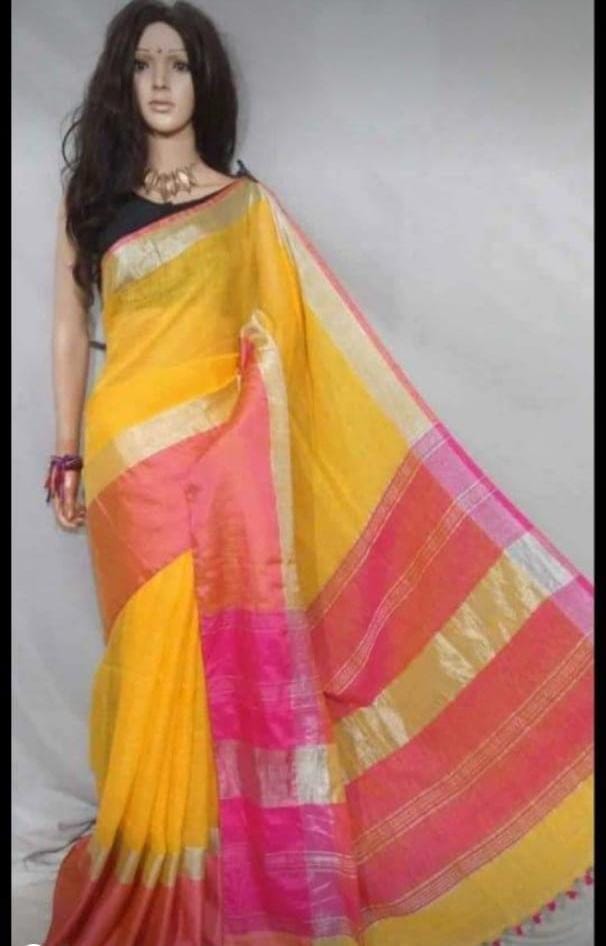 Yellow linen saree with dark pink pallu and border