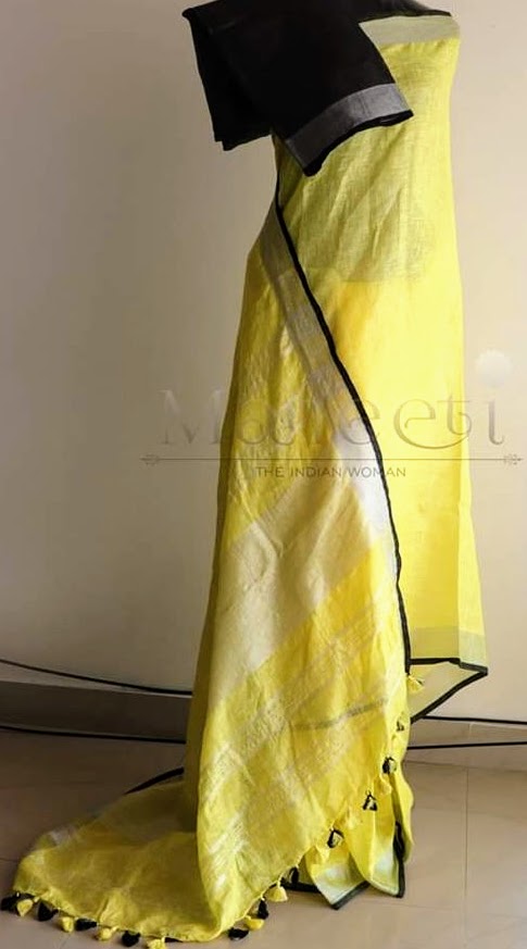 Yellow with black linen saree