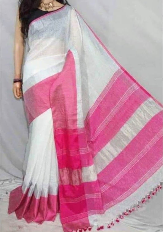 Off-white linen saree with pink pallu and border