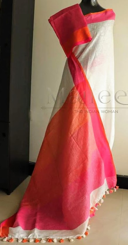 White with orange and pink linen saree;