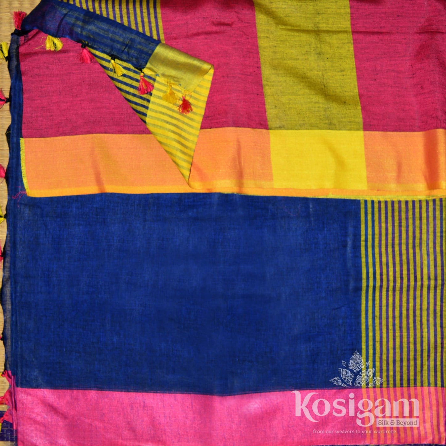 Navy blue linen saree with magenta blouse