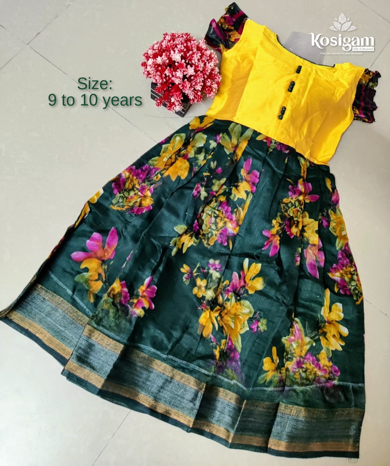 Green with yellow Ethnic kids ready to wear frock