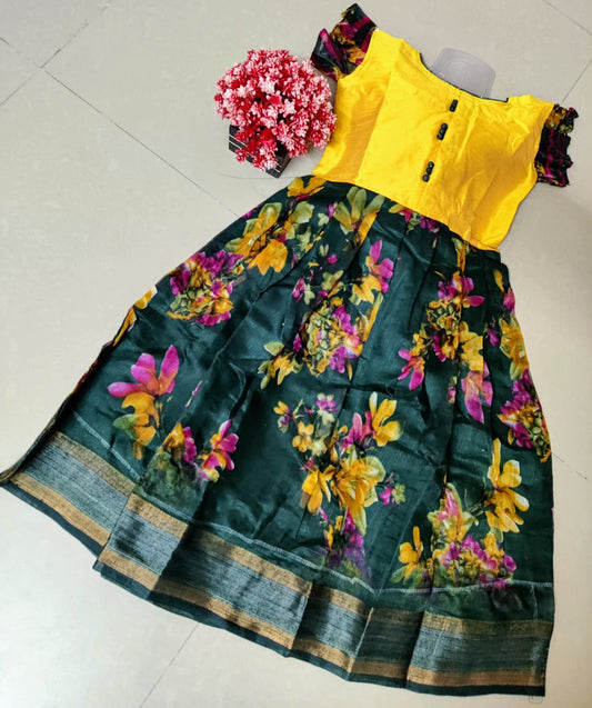 Green with yellow Ethnic kids ready to wear frock