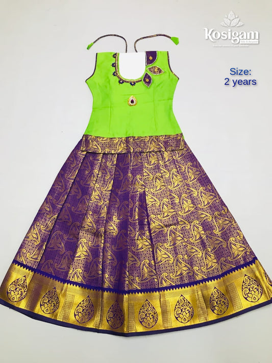 Green with Purple Ethnic kids ready to wear pattu pavadai