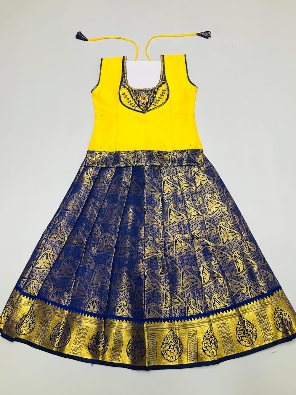 Yellow with Blue Ethnic kids ready to wear pattu pavadai