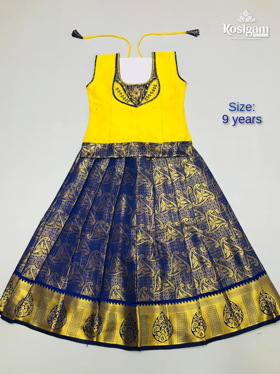 Yellow with Blue Ethnic kids ready to wear pattu pavadai