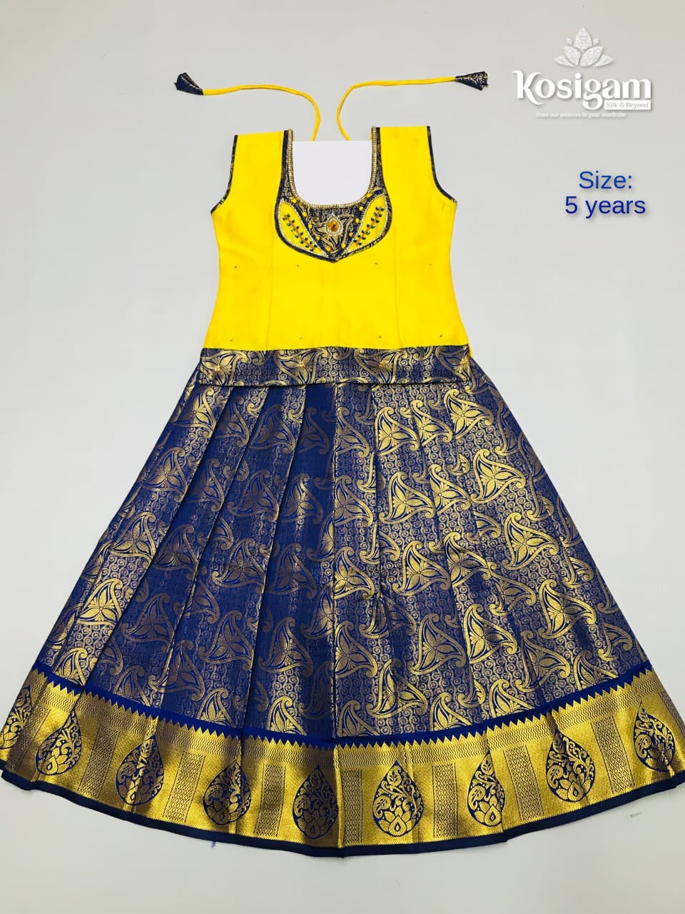 Yellow with Blue Ethnic kids ready to wear pattu pavadai