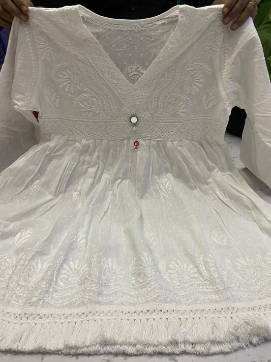 Chikankari and lace work short cotton kurti