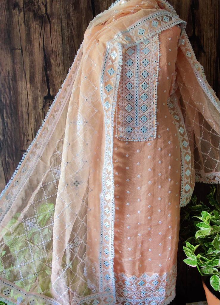 Peach Kota mirror work unstitched Suit Material