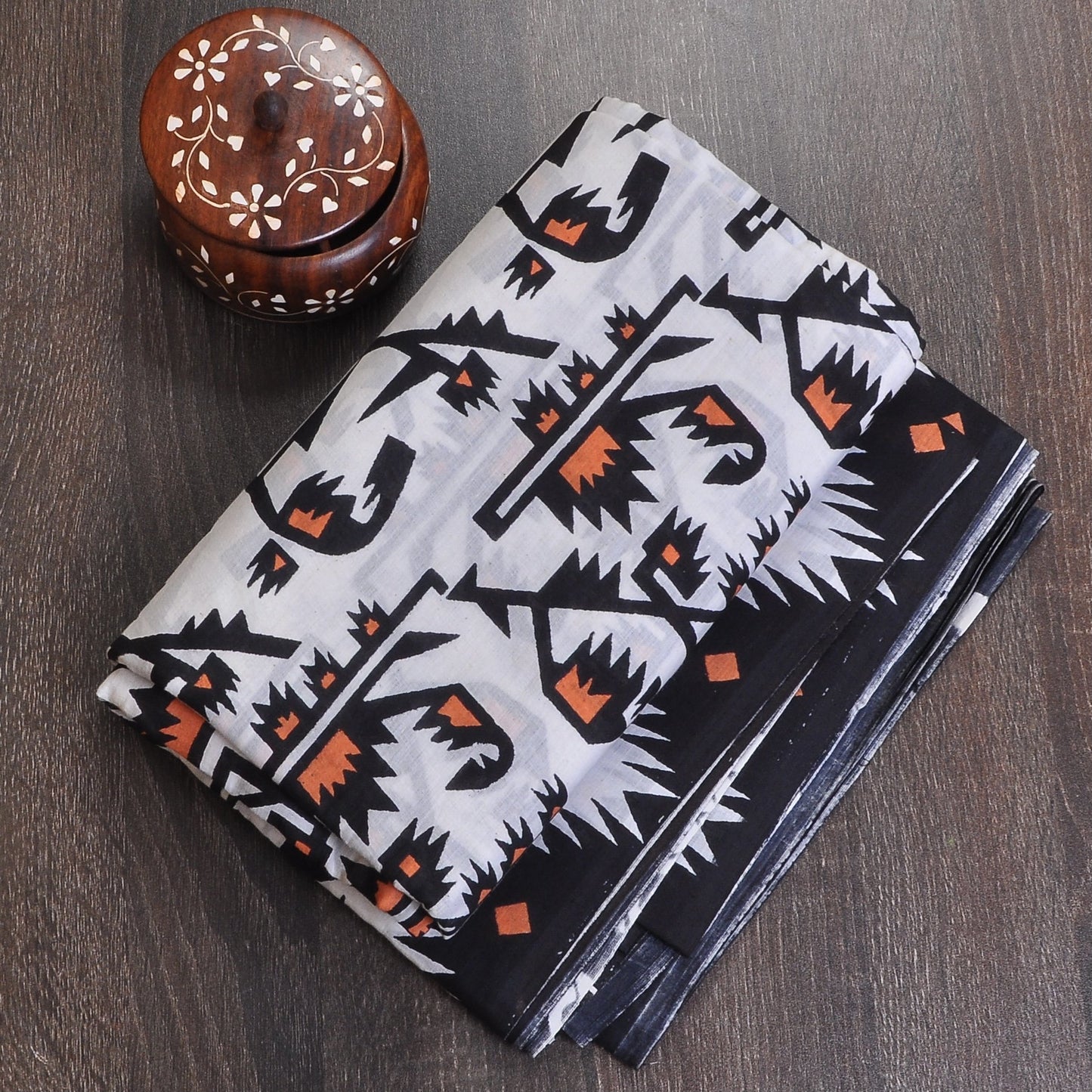 Off white hand block print cotton saree with black and mustard prints