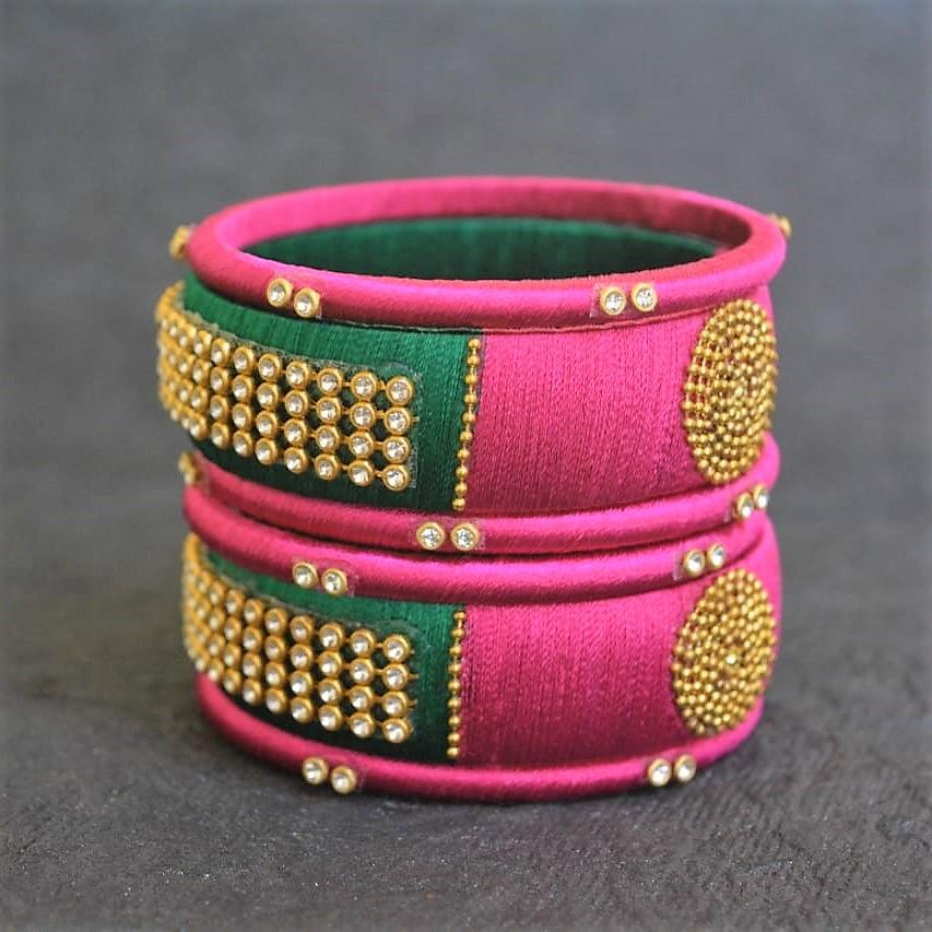 Pink and Green stone work kada model silk thread bangles