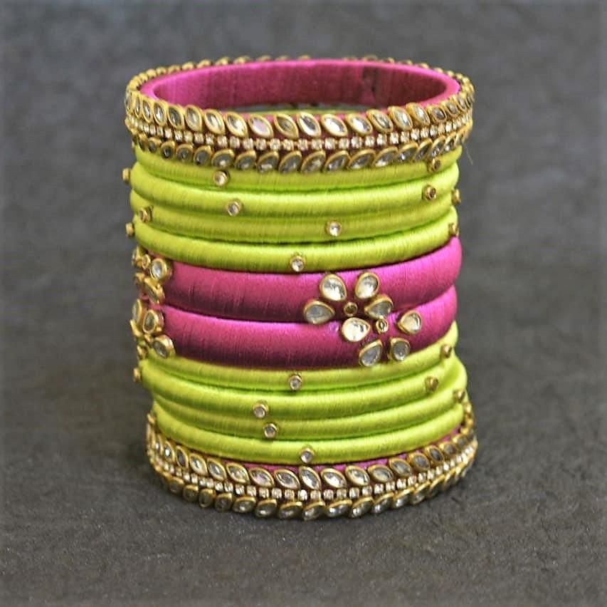 Pink with Radiant Green silk thread bangles  - Kundan stone work