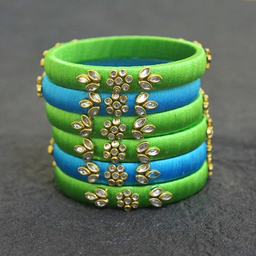 Made on order : Green and Copper Blue kundan work silk thread bangles.