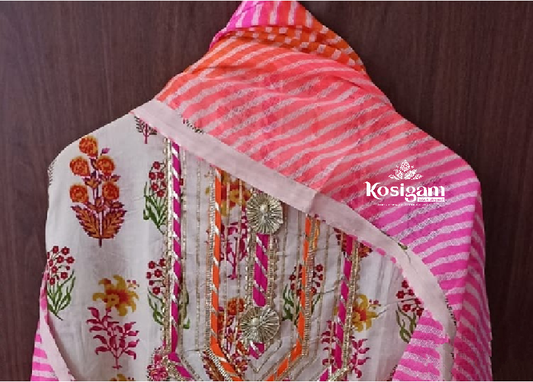 Off white with floral print pure cotton with beautiful print with neck gota work - unstitched