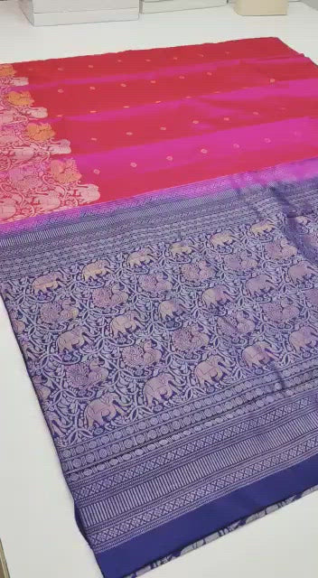 Elephant and Peacock Vibrant dark pink with violet Pure Silk Saree