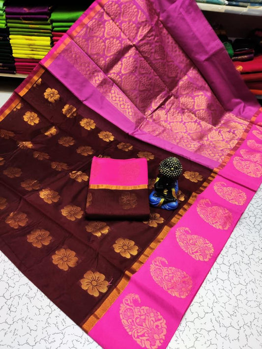 Burgundy with pink kottanchi silk cotton saree
