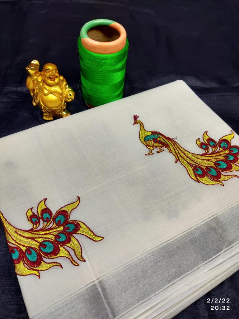 Kerala Kasavu Saree with embroidery work