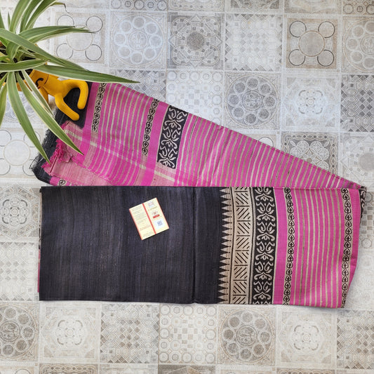 Black with Pink Pure Tussar Gicha Silk Saree