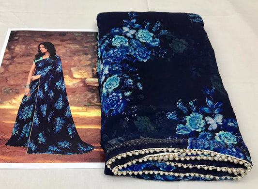 Blue floral print faux georgette saree