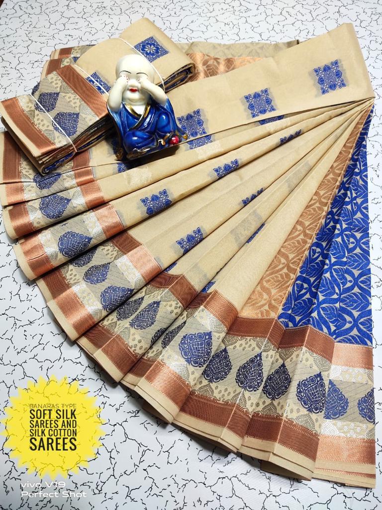 Halfwhite with blue Meena zari work silk cotton saree