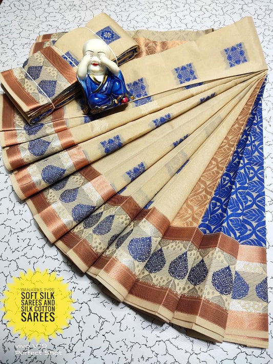 Halfwhite with blue Meena zari work silk cotton saree