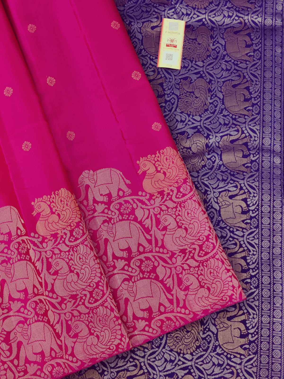 Elephant and Peacock Vibrant dark pink with violet Pure Silk Saree