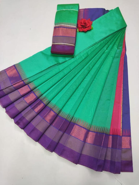 Sea green with Lavender korvai silk cotton saree