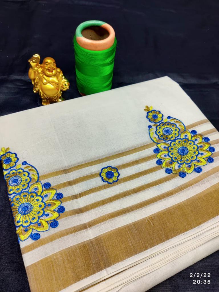 Kerala Kasavu Saree with embroidery work