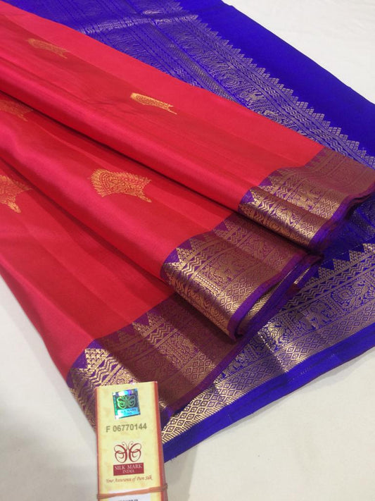 Pure Soft Silk Saree : Red with Ink blue color