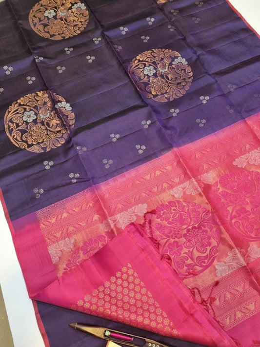 Violet with Pink Pure Soft Silk Saree