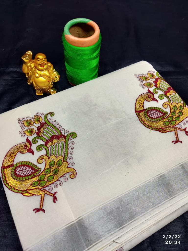 Kerala Kasavu Saree with embroidery work