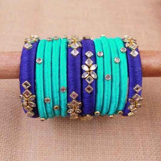 Traditional Silk Thread Bangles : Dark blue with Turquoise blue combo (kids size available)