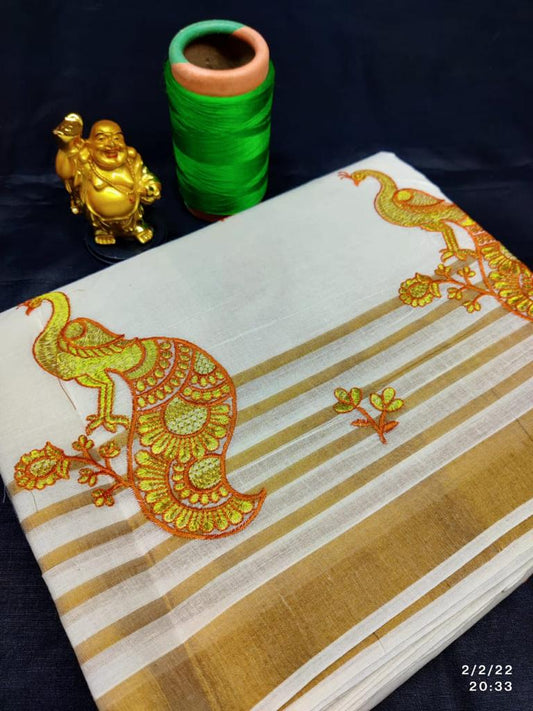 Kerala Kasavu Saree with embroidery work