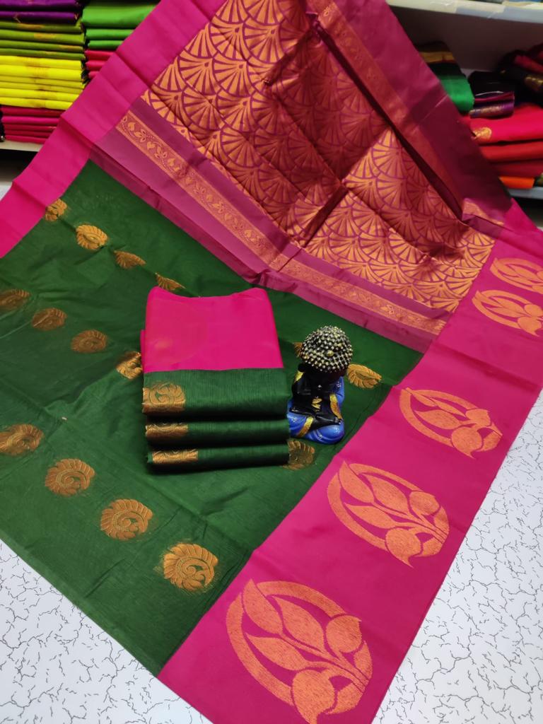 Bottle green with Dark pink kottanchi silk cotton saree