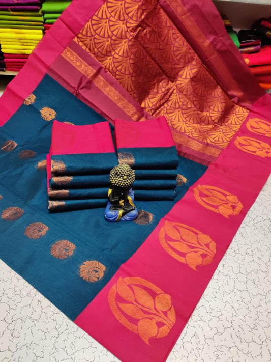 Teal with pink kottanchi silk cotton saree