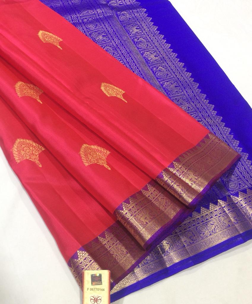 Pure Soft Silk Saree : Red with Ink blue color