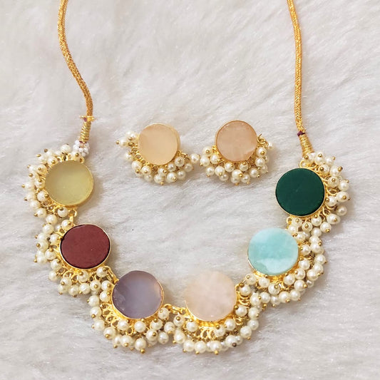 Natural Stone with pearl Jewellery- Multicolor necklace and earrings set