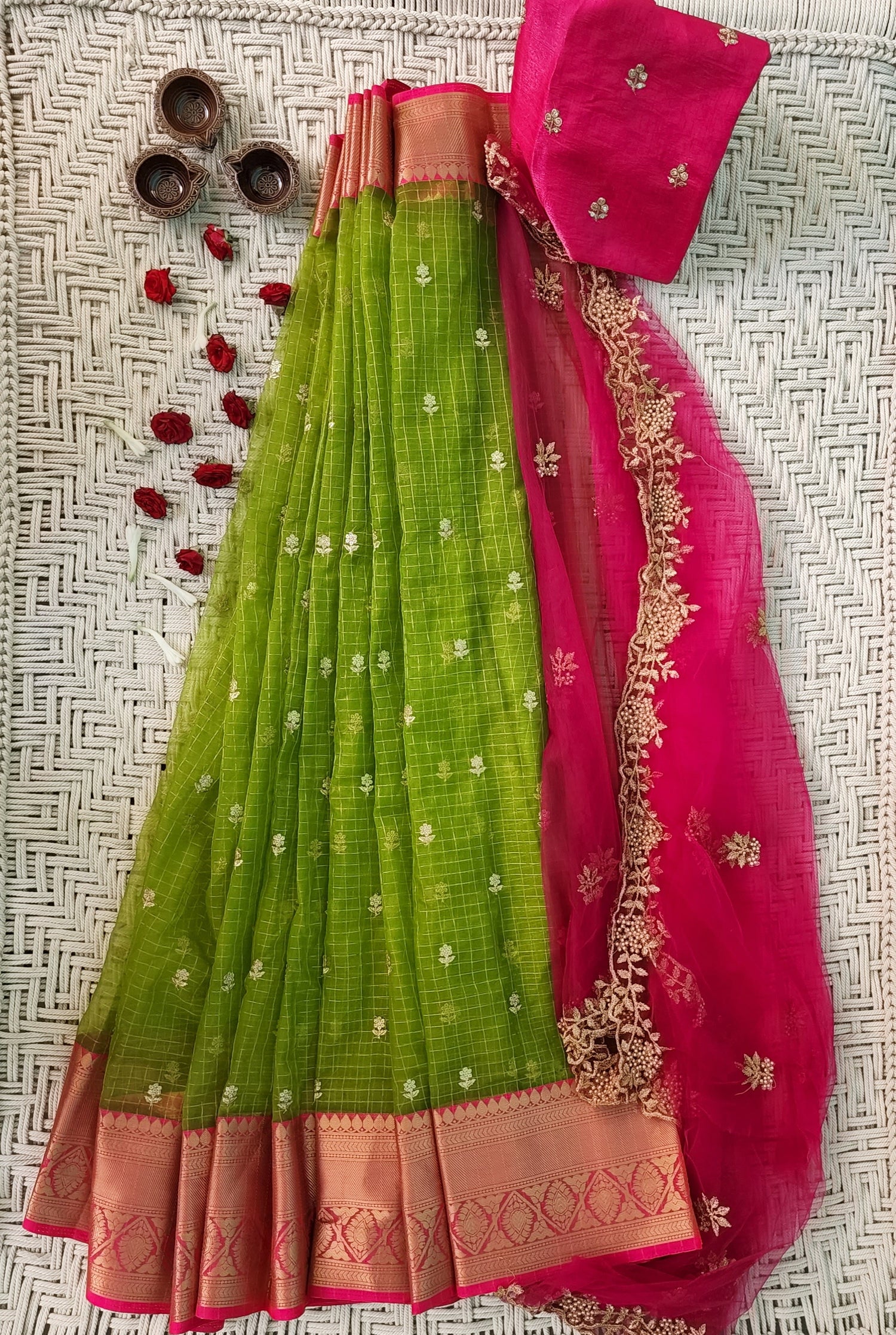 Banarasi Silk Kundan Work Half Sarees South Indian Style, 6.3 m (With Blouse  Piece)