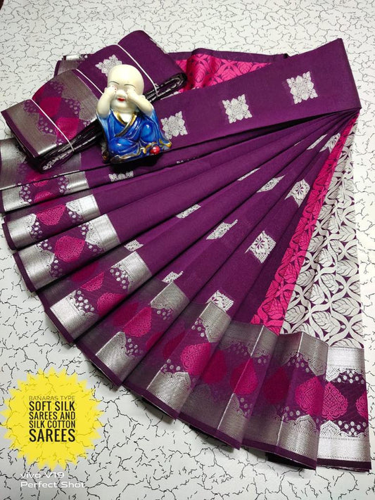 Purple silver zari silk cotton saree