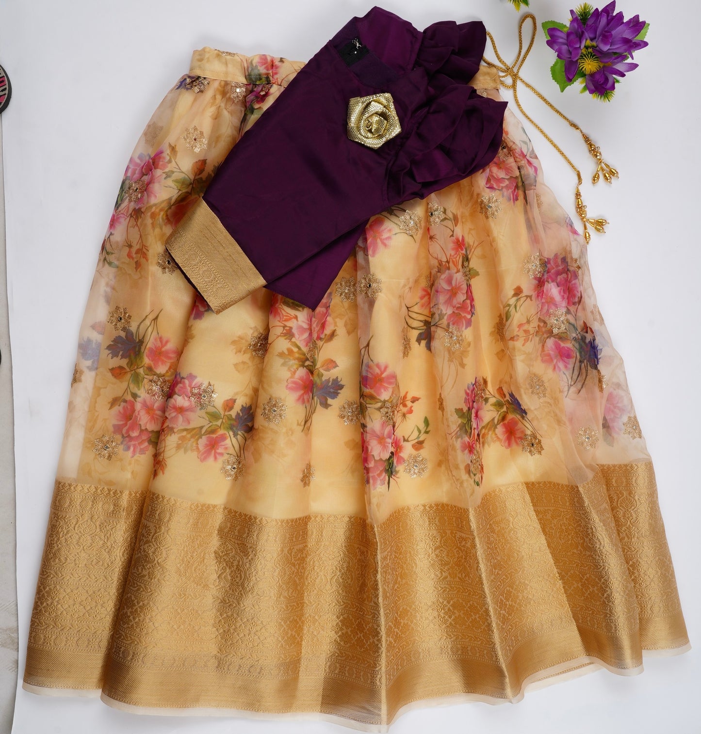 Floral Organza brocade border Lehenga for 0 to 10 years