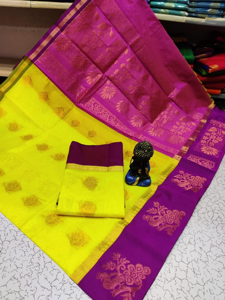 Lemon yellow with Magenta pink kottanchi silk cotton saree