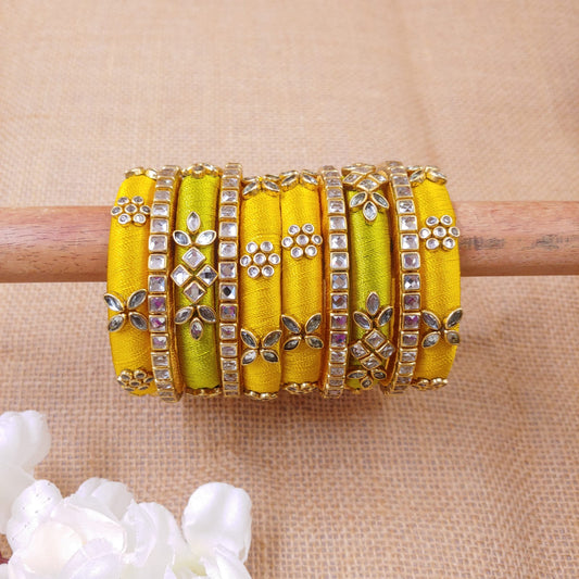 Pre order Yellow with Green : Traditional Silk Thread Bangle Sets