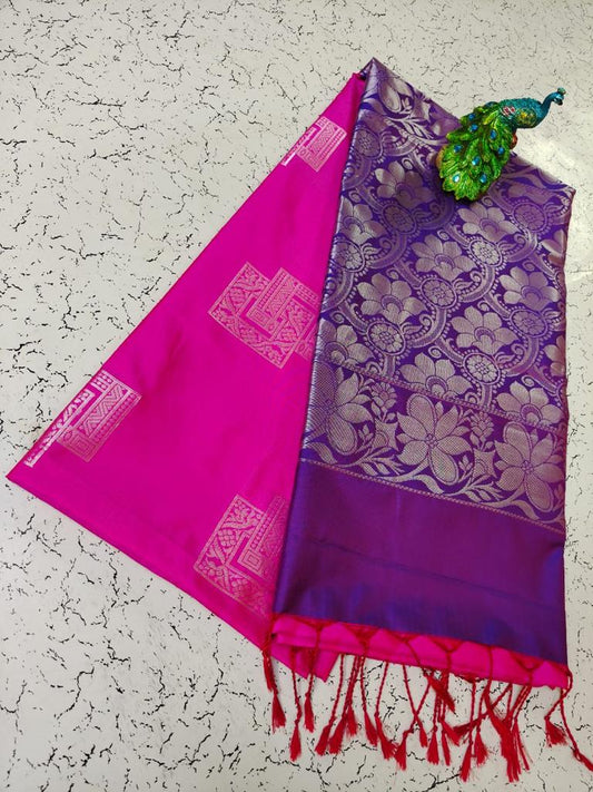 Rose Pink with Purple- Silver Zari Soft Silk Saree